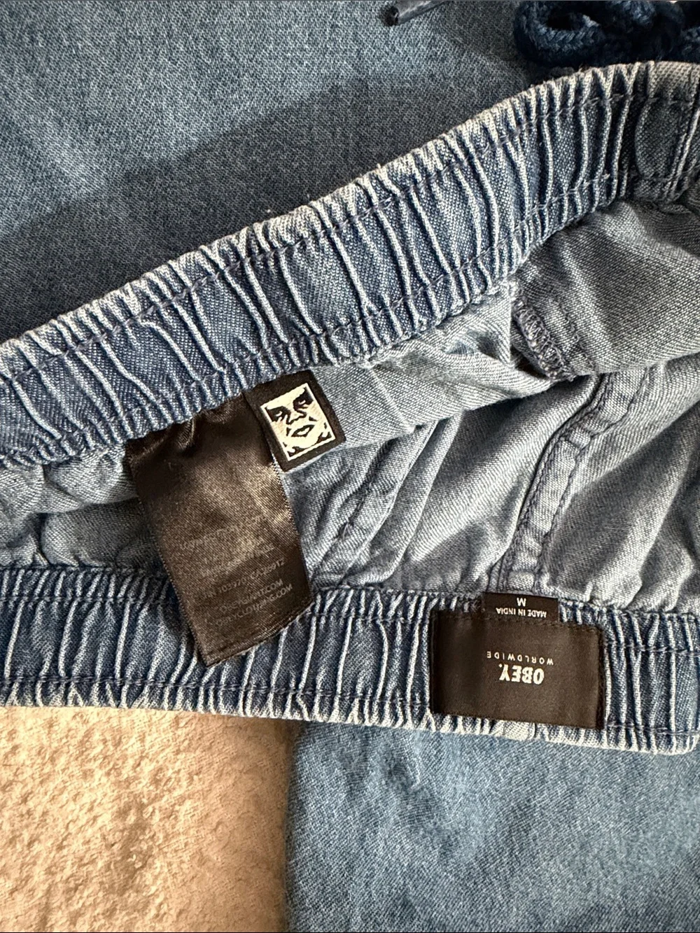 Obey chambray denim lightweight elastic waist drawstring shorts medium